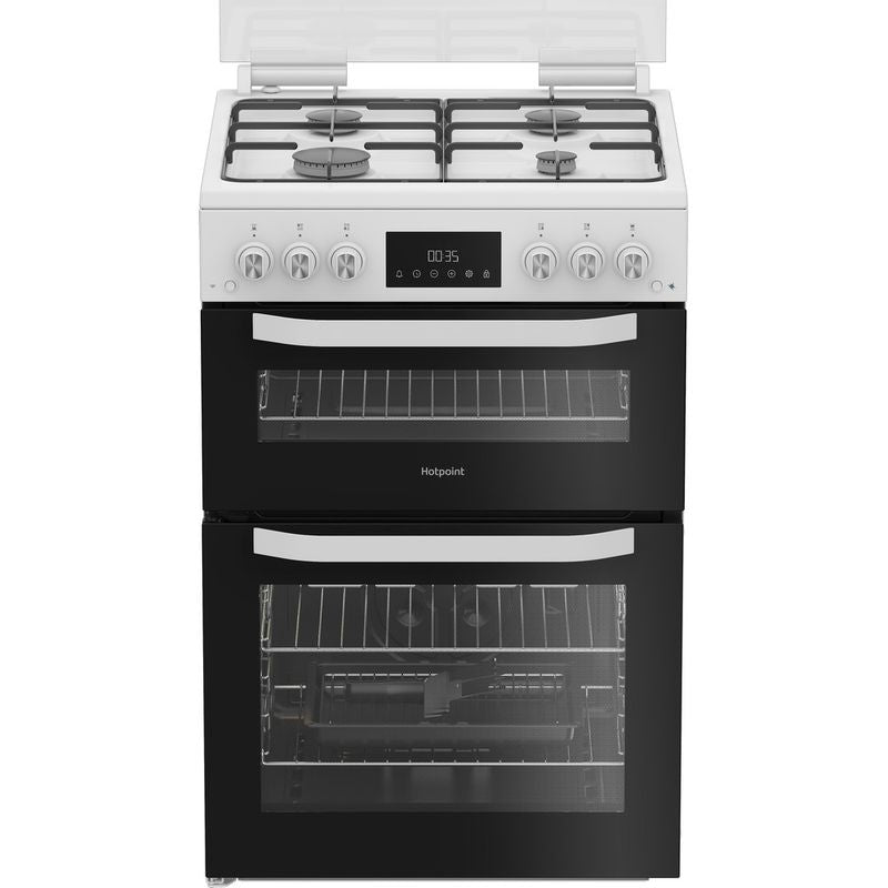 Hotpoint HTG6GDCW 60cm Twin Cavity Gas Cooker with Glass Lid - White