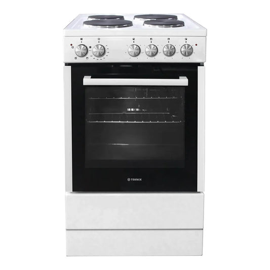 Teknix TKES54W/2 50cm Single Cavity Electric Cooker with Solid Plate Hob - White